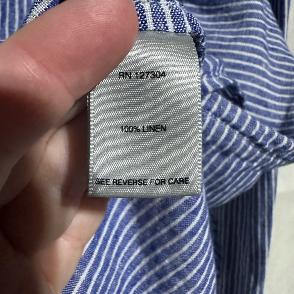 John Mark Shirt Women’s M Blue White Striped 100% Linen Button Down Roll Tab - Picture 5 of 6